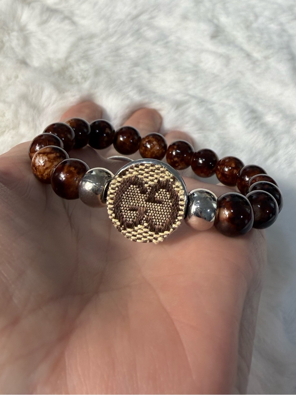 Gucci upcycled Brown Beaded Bracelet with Signature Woven Medallion